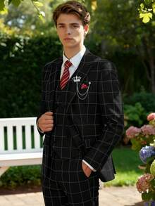 Men's Stripe 3 Piece Suit Set Slim Fit One Button Tuxedo Jacket Vest Pants For Wedding Prom Business & Formal Events - màu đen - Xem 6