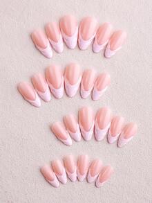 24片装短款杏仁形3D凝胶美甲片，春夏款，经典波浪线艺术印花美甲，粉色波浪线法式亚克力按压式美甲，完美贴合假指甲套装，包含：1片果冻凝胶和1个指甲锉。易于佩戴，打造秋季美甲和法式美甲，适合女性日常工作佩戴，也适合派对美甲使用。 - 彩色 - 查看 2