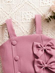 2pcs/Set Girls Cute Pink Outfit: Bow Strap Camisole + Side Button Shorts, Refreshing Summer Wear For Toddlers - Pink - View 6