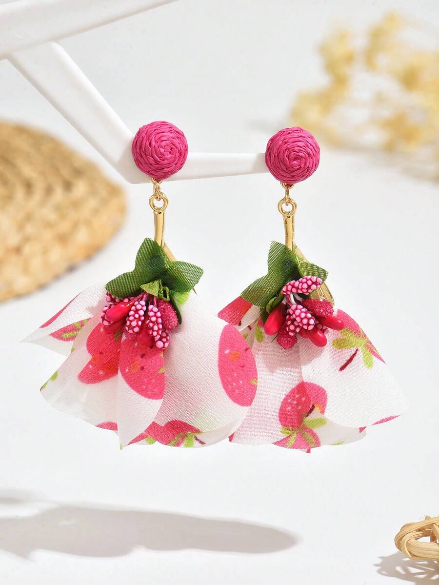 1 Paar handgefertigte, bunte, vintage Stoff-Blumen-Ohrringe im Boho-Stil, einzigartiges Design, modischer Urlaubsstil, elegante DIY-Ohrringe, besonderes Geschenk für Mutter, Liebste, Freundin, geeignet für Frauen für den täglichen Gebrauch, Partys, Festivals, Urlaubsanlässe - Heißes Pink - Übersicht 1