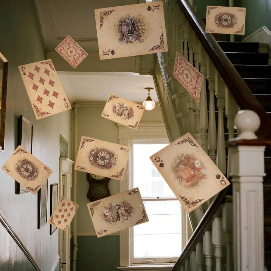 Soulchen 20 Pcs Retro Wonderland Tea Party Decoration 30 X 20 Cm Retro Poker Cards Hanging Banner Wonderland Garland Background For Birthday Baby Shower Casino Poker Party Supplies - MàuC - Xem 1