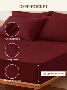 2/3件套纯色床笠，9.85英寸/25厘米深口袋床垫保护套，床垫罩，柔软透气，适用于各种尺寸的床——单人床、双人床、特大号床、大号床，可机洗，通过Oeko-Tex认证，深红色 - 酒紅色 - 查看 4