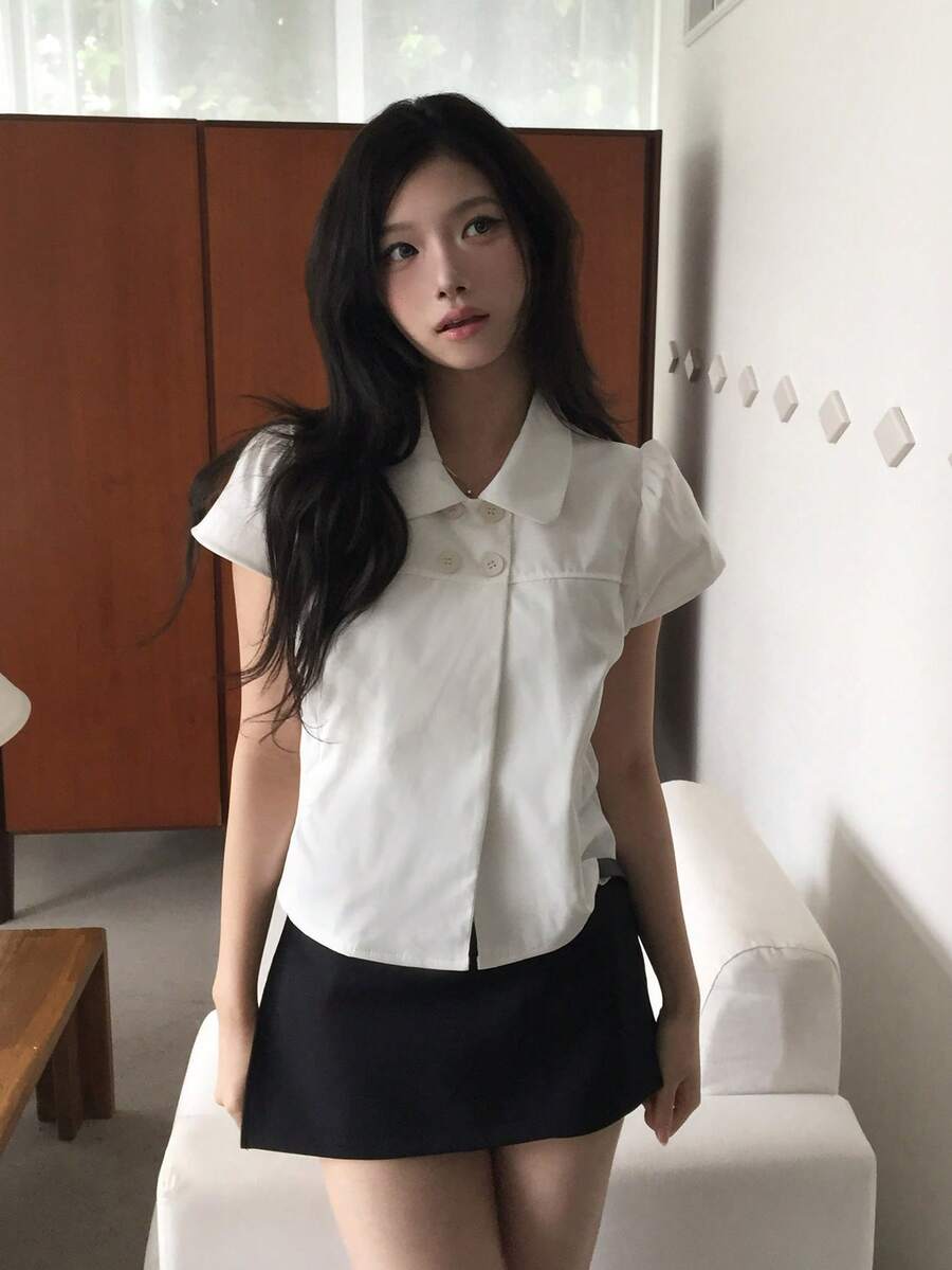 学院风双排扣纯色短袖衬衫,女士新款夏季简约百搭宽松休闲上衣,白色 - 白色 - 查看 1