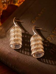 1 Pair Unique 3D Caged Moon Vintage Earrings, Minimalist Hollow Out Elegant Earrings For Women - Antique Silver - View 9
