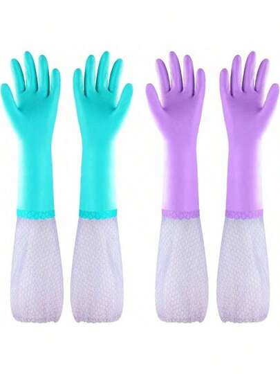 2 par återanvändbara diskhandskar, bomullsfoder, lila + blå, 1 par PVC-handskar, slitstarkt tjockt gummi för hushållsstädning, diskning, matlagning, vattentäta, viktiga för köket