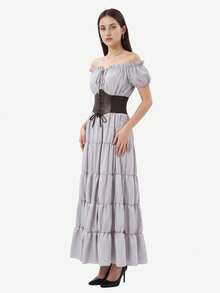 Summer Outfits For Women, A Two-Piece Renaissance And Medieval Pirate-Style Peasant Outfit, An Irish-Style Petticoat (Paired With A Brown Belt), A Fitted And Elegant Long Dress Style, Suitable For Halloween, Christmas Parties And Daily Wear Occasions. - 灰色+棕色 - 查看 3