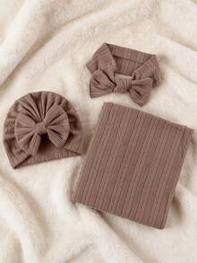 3pcs/Set Upgraded 1-6 Months Baby Swaddle Blanket Set, Newborn Swaddle Wrap Jacquard Blanket Set With Bowknot Headband, Unisex Baby Shower Gift, All Season
