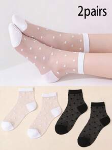2双装女童波点网眼透气薄款短袜，可爱甜美，适合女孩日常穿着，春夏款 - 彩色 - 查看 8