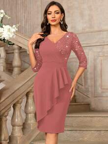 MIUSOL Classic V-Neck Sequin Floral Lace Contrast Ruffle Hem 3/4 Sleeve Bodycon Cocktail Dress - Dusty Pink - View 4