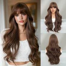 7JHH WIGS Loose Long Wavy Natural Brown Wig With Bangs 26 Inch Tea Brown Hair Synthetic Curly Wave Wig Full Machine High Density Synthetic Heat Resistant Wigs For Women Daily Wear, Music Festival Cosplay Use - Brown - View 13