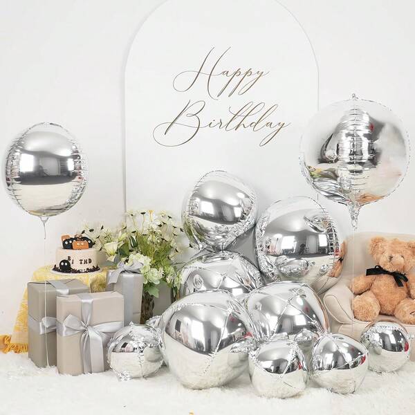7/12/18/23pcs Silver Foil Balloons Mylar Metallic 22in 18in 10in Different Sizes Large Chrome 360 Degree 4d Round Helium Silver Balloons Party Decorations