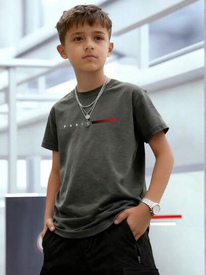 Camiseta de manga corta con cuello redondo y estampado blanco casual para niño en edad de preadolescente para el verano