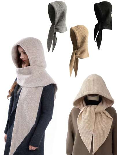 1pc Women's Alpaca Wool Oversized Shawl Balaclava Hat, Knitted Solid Color Casual Winter Warm Hat Scarf Set, Suitable For Daily, Skiing, Hiking, Vacation