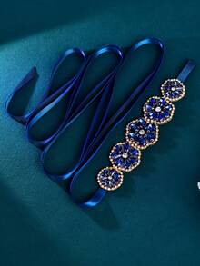 1 قطعة شريط أنيق مزين بزهرة كريستالية للعروس، حزام خصر قابل للتعديل من القماش الساتان، إكسسوار فستان للنساء للحفلات والسهرات وفساتين الزفاف - الشريط الأزرق الداكن - مشاهدة 8