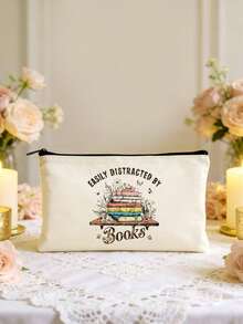 1/2件套 书迷主题创意书籍插画帆布书包，带拉链的铅笔盒套装，印有励志的“你真棒”图案，学院风帆布手提袋套装，适合返校、毕业、旅行、生日、周年纪念、教师节，以及作为感谢礼物送给同学、朋友、学生和老师。 - 米色 - 查看 57