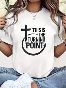 Women Christian Faith T-Shirt Short Sleeve Crew Neck Tee With This Is The Turning Point Religious Print All-Season Casual Church Wear Christmas Thanksgiving Gift For Church Group Outfits - White - View 1