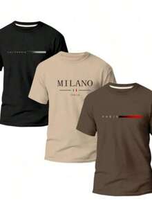 POLAR BEAR Set Of 3 Men's Cotton Streetwear T-Shirt Kit With COUNTRIES Print - 黑色-米色-棕色 - 查看 6