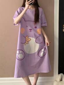 Camisón de mujer de cuello redondo lindo, estampado de oso de dibujos animados de manga corta, primavera/verano - Morado - Ver 6
