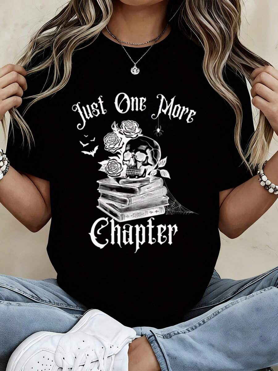 Just One More Chapter Graphic T Shirt Women Casual Short Sleeve Top Books And Roses Design White Cotton Tee Fashion Statement Shirt - 黑色 - 查看 1