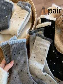 1/3/5双装女士波浪圆点羊毛袜，中筒袜，加厚保暖灰色碎花图案袜，冬季长筒袜