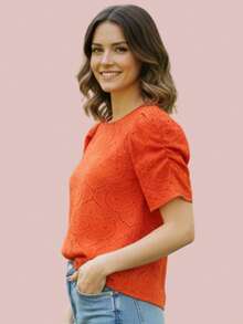 Plus Size Blouse In Textured Knit Fabric With Elasticated Princess Sleeves, Lightweight And Comfortable Fit, Body-Flattering Design. - 鮮豔的赤陶 - 查看 2