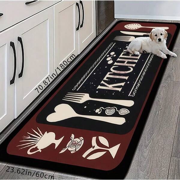 1pc Modern Simple Non-Slip Absorbent Kitchen Mat | Durable Rectangular Polyester Mat With Knife And Fork Design, Machine Washable, Ideal For Indoor And Outdoor Use, Suitable For Hallways, Kitchens