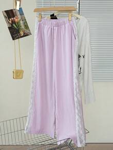 Cute Sweet Gentle Lace Trim Pink Casual Pants, Lightweight Loose Wide Leg Women's Trousers, Spring/Summer - Pinkish-purple - View 8