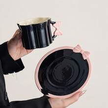 1 Set French Hand-Painted Bow Coffee Cup & Saucer Set, 3D Embossed Underglaze Ceramic, Suitable For Coffee, Afternoon Tea, Snacks, Daily Use, Home, Office, Gifts, Holidays - Multicolor - View 11