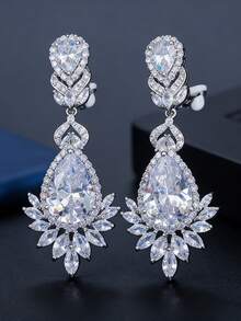 1 对镀银方晶锆石叶形长垂式夹式耳环，无需穿孔，方晶锆石水晶首饰，适合婚礼、订婚、新娘、宴会、选美、派对、舞会