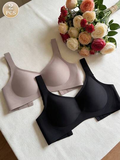 2pcs Minimalist Comfortable Sports Bras For Women, Wireless, Solid Color