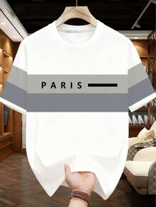 加大码白色和灰色撞色条纹拼接“PARIS”极简主义图案宽松街头风时尚T恤，短袖上衣 - 白色 - 查看 3