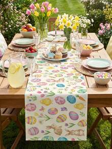 2026 Easter Decorative Watercolor Macaron Table Runner, Waterproof And Stain-Resistant Polyester Rectangular Tablecloth With Rabbit, Eggs, Chicks, Tulips Pattern, Suitable For Family Gatherings, Spring Picnics, Outdoor Parties, Afternoon Tea - Multicolor - View 5