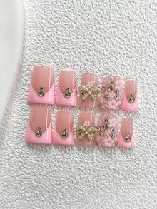 10pcs Y2K Vintage Style Handmade Nail Stickers, Nude, Pink Nail Stickers, Gold Glitter, Rhinestone Bow, 5-Petal Flowers, Pearl Decor, 3 Shapes: Almond, Duck Mouth, And Coffin, Includes Tool Kit, Suitable For Women And Girls, Great Gift For Ladies And Girls Nails Nail Supplies Handmade Press On Nails - Nhiều màu - Xem 2