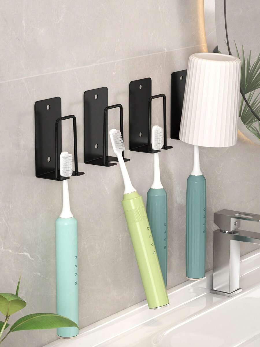 2/4pcs Wall Mounted Toothbrush Holder And Cup Set, Drill-Free Bathroom Toothbrush Organizer Rack, Electric Toothbrush Stand, Suitable For Bathroom, Black/White/Gold
