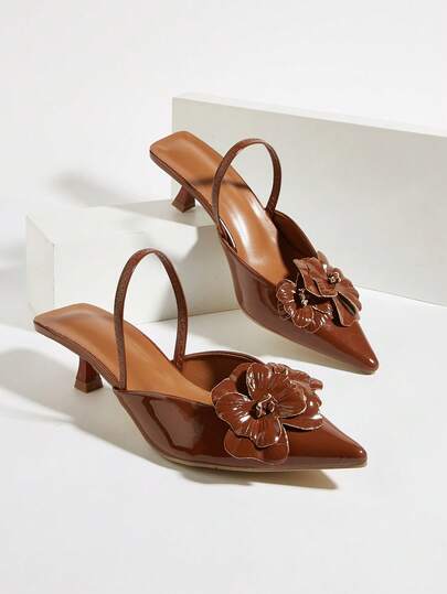 Classic Brown Faux Leather Peep Toe Floral Embellished Stiletto Heel Mid Heel Pumps, Romantic & Elegant For Dates And Formal Events