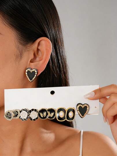 5 Pairs Rhinestone Butterfly, Flower, Heart, Geometric Stud Earrings Set, Vintage Elegant Style, Suitable For Women Everyday And Holiday Wear