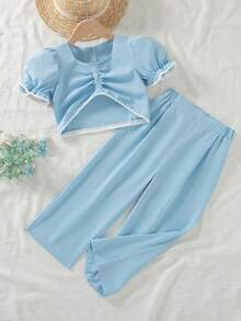 2 Stücke/Set Sommer Neuer Asymmetrischer Kurzarm Einfarbiger Top + Bequeme Weite Bein Hose Anzug für Kleine Mädchen - Babyblau - Übersicht 2
