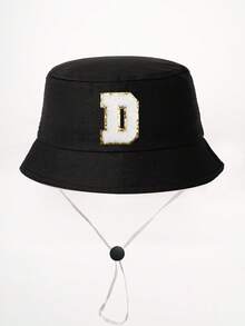 1顶26字母印花儿童渔夫帽+可拆卸防风绳，可调节户外遮阳帽，适合男孩女孩，春秋季旅行、海滩、度假 - 黑色 - 查看 19