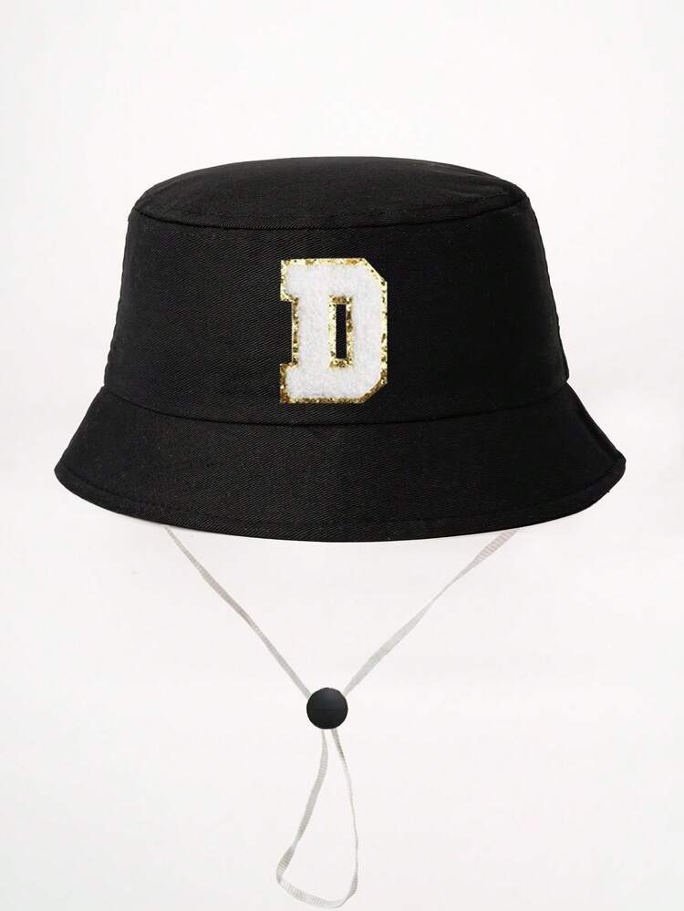 1顶26字母印花儿童渔夫帽+可拆卸防风绳，可调节户外遮阳帽，适合男孩女孩，春秋季旅行、海滩、度假 - 黑色 - 查看 19