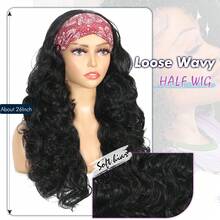 26英寸合成长黑色三合一半假发，无缝翻转式无胶佩戴，长波浪卷发，抽绳头带假发 - 彩色 - 查看 4