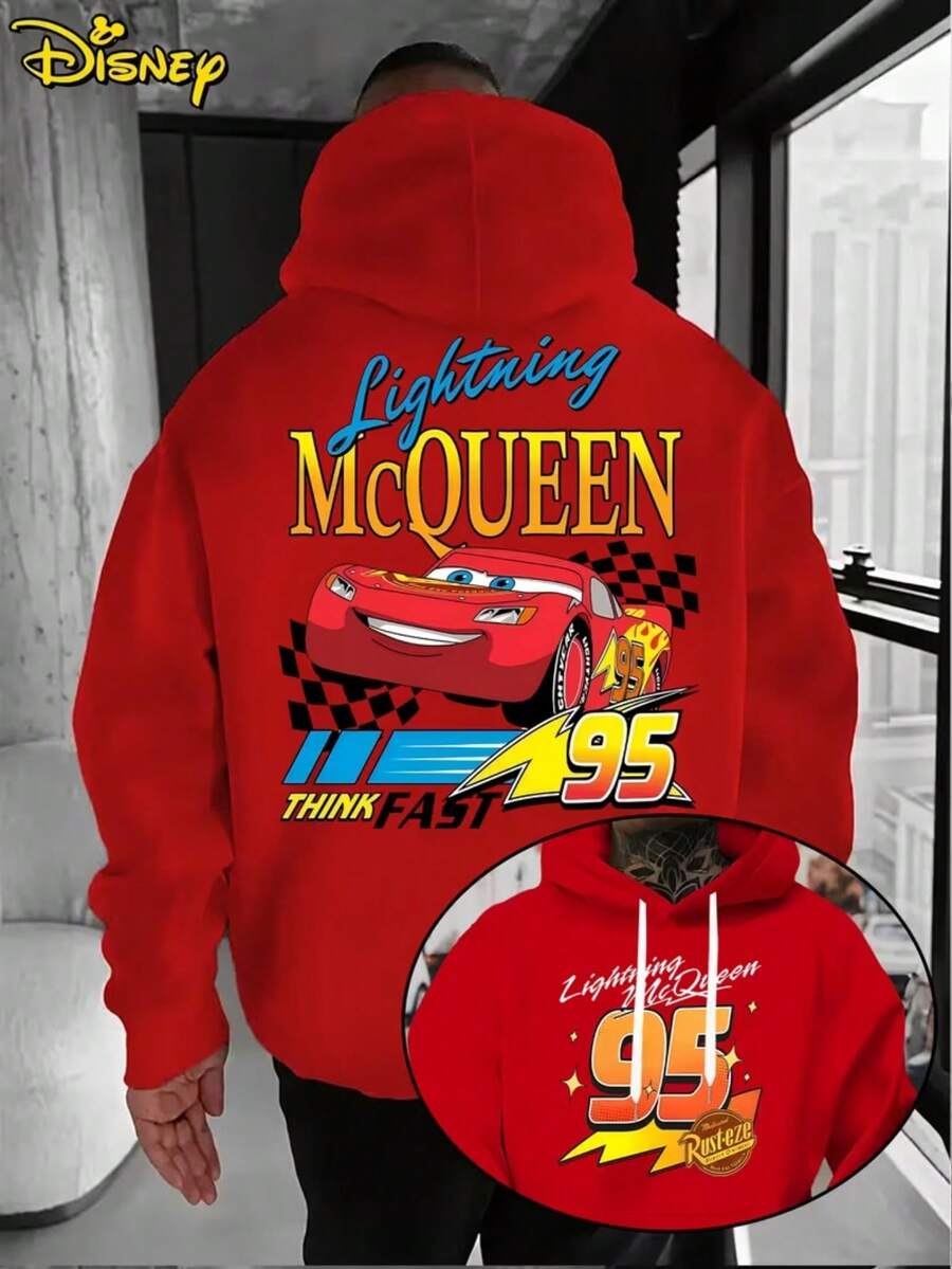 2026DisneyCars Lightning McQueen Hoodie-Men's Blue Racing Pattern Pullover, Loose Hooded Sweater In Front Pocket, Suitable For Casual Wear, Birthday Gift For Disney Pixar Car Fans, Travel Clothes, Playful Design, Comfortable Fabrics, Fan Clothes, Movie Lovers, Home Clothes, Durable Materials, Printed Sweatshirts, Men's Designs. - 紅色 - 查看 1