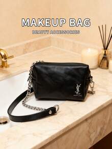 黑色方形链条包，经典Logo设计，DIY手工改造包，复古高端腋下/肩背包，奢华女士手提包 - 黑色 - 查看 2