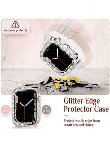 1 Set Apple Glitter Silicone Color Changing Watch Band + Double Row Rhinestone Watch Case Protector Compatible With 38/40/41/42/44/45/49mm Ultra/SE/8/7/6/5/4/3/2/1 - Silver + Silver - View 5