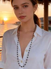 1pc Minimalist Black Glass Bead Y-Shaped Necklace, Versatile Long Necklace With Black & White Beads, Bohemian Sexy Deep V Necklace, Y-Shaped Body Chain, Suitable For Galas And Parties - Multicolor - View 4