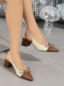 Brown Versatile Color Block Pointed Toe Chunky Heel Pumps, New 2025 Korean Version Metal Buckle Mid Heel Mary Jane Shoes, Elegant Women's Shoes Suitable For Daily, Shopping, Vacation, Party, Banquet, Bowknot High Heels, Fashion Chunky Heel Shoes, Valentine's Day Women's High Heels, Short Heels Women's Shoes - Brown - View 3