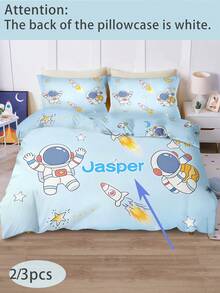 2/3PCS Customized Cartoon Astronaut Duvet Set, Made Of Polyester Material With Digital Printing, Suitable For Children, Gifts, Bedroom Decoration, Rockets, Blue, All Seasons - Multicolor - View 1