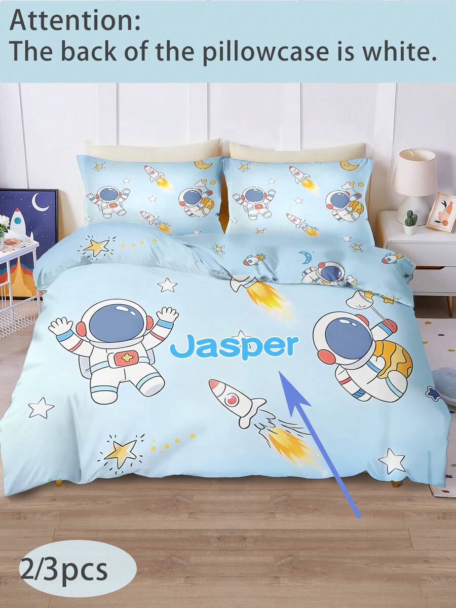 2/3PCS Customized Cartoon Astronaut Duvet Set, Made Of Polyester Material With Digital Printing, Suitable For Children, Gifts, Bedroom Decoration, Rockets, Blue, All Seasons - Multicolor - View 1