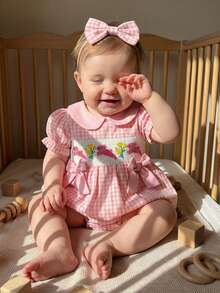 Conjunto de ropa de Pascua para niña bebé, mono de manga corta con bordado de conejito y diadema, ropa para recién nacida - Rosa - Ver 6