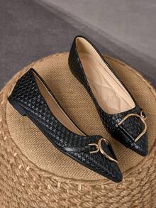 WHDXY Women's Black Versatile Metal Buckle Pointed Toe Shoes, Comfortable For Commuting And Daily Wear - Graphite Black - View 2