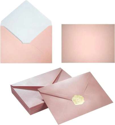 50 Pieces Pink Shiny Envelopes With Gold Stickers For Wedding Invitation Cards, Graduation, Baby Shower, Greeting Cards (A4, 4x6 And A7, 5x7 Choice)